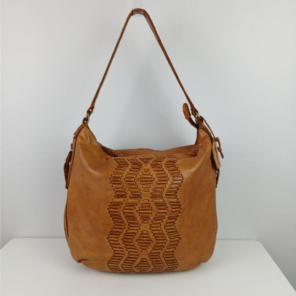 Genuine Leather Hobo Shoulder Bag With Artisanal Cutout Design Camel Color - Picture 2 of 8